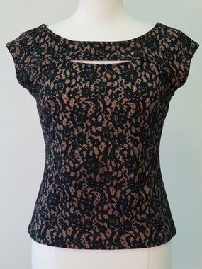 Michael Kors Black Lace Cap Sleeve Top | Nude Underlay | Fitted | Size XS